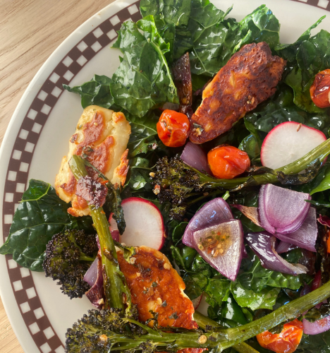 Halloumi and Roasted Veggie Sheet Pan Salad with Tarka