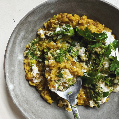 Kitchari with Toasted Coconut & Cilantro Salsa